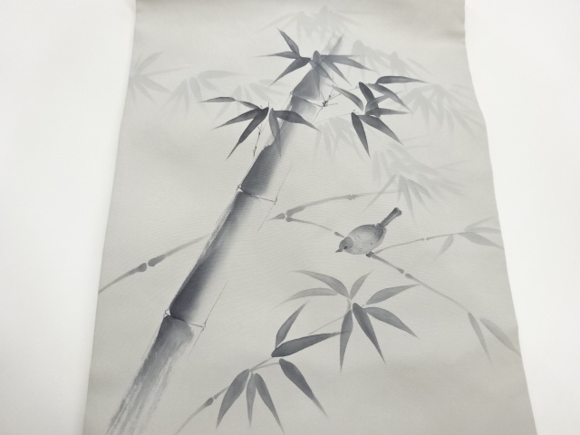  作家物　塩瀬手描き竹に鳥模様名古屋帯